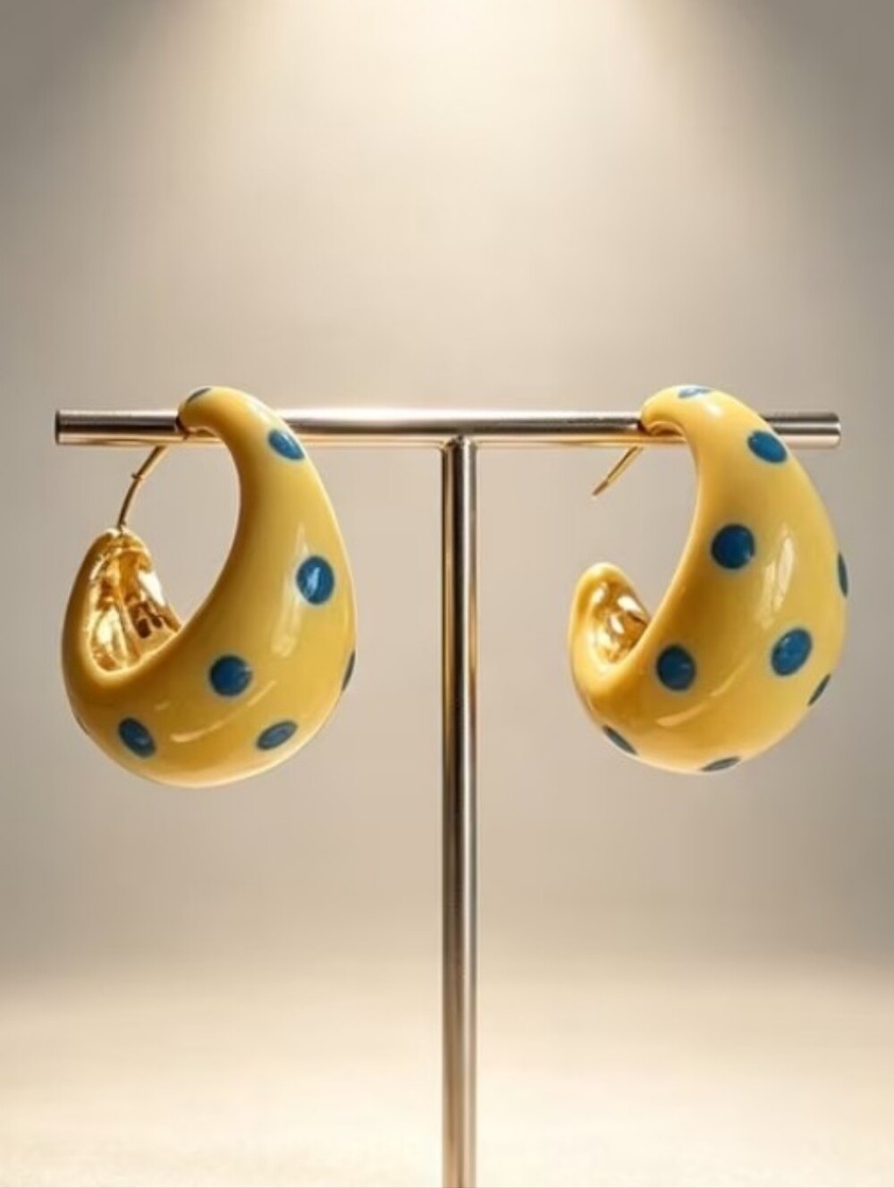 NEW! Gold Enamel Retro Yellow Polka Dot Blue Half Hoop Drop Post Earrings